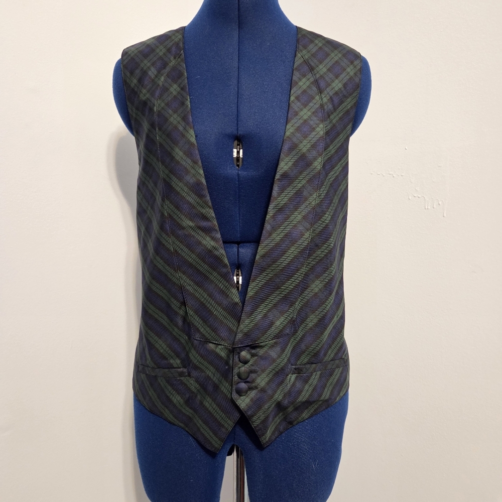 Vintage Green Plaid Silk Suit Vest Size M